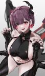  1girl above_cleavage_cutout absurdres belt black_horns black_liquid black_nails breasts chest_belt collarbone disgustingtokki earclip fang halter_shirt halterneck highres horns liquid_clothes looking_at_viewer mechanical_wings micro_panties o-ring o-ring_belt o-ring_strap one_side_up panties paw_pose pubic_tattoo sideboob single_horn sitting skin_fang skindentation smile tattoo underwear wariza wet_suit wings ziz_(nikke) 