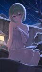  1girl absurdres bare_shoulders breasts green_hair hair_between_eyes highres large_breasts medium_hair onsen purple_eyes snow solo stellive thighs yt9676 yuzuha_riko 