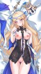  1girl absurdres bare_shoulders bed black_collar black_dress blonde_hair blue_eyes blush breasts cartethyia_(wuthering_waves) censored chinese_commentary cleft_of_venus closed_mouth collar commentary_request cowboy_shot crown_of_thorns dress earrings from_above hand_puppet hands_up highres jewelry long_hair looking_at_viewer lying medium_breasts merchandise_available misheng_liu_yin mosaic_censoring necklace nipples on_back on_bed pointy_ears puppet pussy sidelocks smile solo tacet_mark_(wuthering_waves) thigh_gap thighs variant_set very_long_hair wuthering_waves 