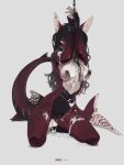 3:4 anthro bdsm belly black_sclera bodily_fluids bound breasts chain chained clothed clothing cuff_(restraint) cum cum_between_breasts cum_between_legs cum_drip cum_inside cum_on_arm cum_on_belly cum_on_body cum_on_breasts cum_on_ground cum_on_leg cum_strand cum_string curvy_figure dark_hair dripping ear_piercing erect_nipples female fin fin_piercing fish furgonomics furry-specific_piercing genital_fluids genitals hair hale. hands_above_head heart_(marking) hi_res highlights_(coloring) hourglass_figure kneeling leaking_cum looking_at_viewer marine markings medium_breasts messy_hair midriff narrowed_eyes navel nipple_piercing nipples no_underwear non-mammal_breasts nude one_eye_obstructed orange_eyes piercing red_body red_skin restrained restraints rose_(kamikazekit) shark small_waist solo spread_legs spreading white_markings wide_hips wrist_cuffs