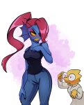 absurd_res alphys animal_humanoid anthro being_watched blue_body breasts clothing duo eyewear female fish fish_humanoid glasses hair heart_eyes heart_symbol hi_res humanoid long_hair looking_at_another looking_at_viewer marine marine_humanoid ponytail red_hair scalie sharp_teeth signature simple_background teeth undertale_(series) undyne xao_art yellow_body