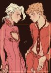  2boys absurdres black_background black_necktie blonde_hair braid clothing_cutout cosplay costume_switch curtained_hair drawn_heart earrings giorno_giovanna heart highres holding_own_hand jacket jewelry jojo_no_kimyou_na_bouken ladybug_ornament long_hair looking_at_another looking_to_the_side male_focus medium_hair multiple_boys navel necktie okokoro_zaiku pannacotta_fugo pants pink_eyes pink_jacket pink_pants red_pants stud_earrings vento_aureo victory_rolls white_eyes white_hair yaoi 