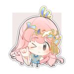  &gt;_o 1girl \m/ bird bird_hair_ornament blue_collar blue_hanfu brown_eyes chibi chinese_clothes chinese_commentary closed_mouth collar commentary_request crane_(animal) cropped_torso grey_background hair_bun hair_ornament hanfu happy huizi light_blush long_hair long_sleeves looking_at_viewer nikki_(nikki) nikki_(series) one_eye_closed outline pink_hair second-party_source sidelocks single_side_bun smile solo swept_bangs tareme two-tone_background very_long_hair wavy_hair white_background white_outline white_sleeves wide_sleeves yunjian 