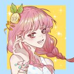  1girl bare_shoulders blue_border border bracelet braid brown_eyes bubble_print chinese_commentary commentary_request dot_nose dress eyelashes fingernails floating_hair food food-themed_hair_ornament fruit hair_ornament hair_ribbon happy head_tilt jellyfish jellyfish_print jewelry leaf lemon lemon_hair_ornament lemon_slice light_blush long_hair loose_hair_strand low_twin_braids lower_teeth_only miracle_nikki multiple_bracelets nikki_(nikki) nikki_(series) open_mouth outside_border pink_hair ribbon shuang_yuda_zhanglang sleeveless sleeveless_dress smile solo sparkle star_bracelet teeth twin_braids upper_body v-neck white_dress wind yellow_background yellow_ribbon 