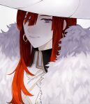  1girl bangs breasts dress earrings fate/grand_order fate_(series) feather_boa hat jewelry long_hair looking_at_viewer medium_breasts miss_crane_(fate) purple_eyes red_hair sumi_(gfgf_045) white_dress white_headwear witch_hat 