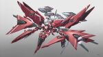  1girl absurdres blue_eyes boots breasts cleavage flying full_body gradient_background grey_background highres joints leotard long_hair looking_at_viewer mecha_musume mechanical_arms mechanical_legs mechanical_wings medium_breasts original ponytail red_leotard red_theme solo thigh_boots thrusters weapon white_hair wings xsk_(ruanmumu) 