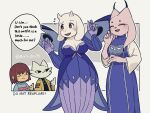  1boy 1other 2girls artist_name blush border breasts brown_eyes brown_hair cat_boy cat_girl closed_eyes closed_mouth colored_skin commentary cosplay costume_switch crossover english_commentary english_text flying_sweatdrops frisk_(undertale) furry furry_female furry_male goat_girl grey_background highres horns lady_ethereal lady_ethereal_(cosplay) large_breasts medium_hair multiple_girls nine_sols open_mouth oru_(0ruru_0ru95) raised_eyebrow smile standing sweat thumbs_up toriel toriel_(cosplay) twitter_username undertale white_border yellow_skin yi_(nine_sols) 