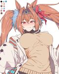  1girl agnes_tachyon_(umamusume) agnes_tachyon_(umamusume)_(cosplay) alternate_costume animal_ears breasts brown_hair color_guide cosplay daiwa_scarlet_(umamusume) fang hair_intakes horse_ears horse_girl lab_coat large_breasts limited_palette necktie red_eyes short_necktie sleeves_past_fingers sleeves_past_wrists solo sweater_vest test_tube tiara toriga_naku twintails umamusume white_background yellow_sweater_vest 