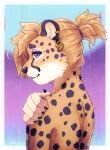 2025 5_fingers alto_(noviraine) anthro black_markings black_nose blonde_hair border cheetah claws countershade_face countershading digital_media_(artwork) ear_piercing ear_ring earrings_only eye_markings eyebrows eyelashes felid feline femboy fingers fur gold_(metal) hair hand_on_shoulder inner_ear_fluff looking_at_viewer makeup male mammal markings noviraine piercing ponytail portrait purple_eyes ring_piercing signature simple_background smile solo spots spotted_body tuft white_border yellow_body yellow_fur