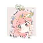  1girl against_wall bird bird_hair_ornament blue_collar blue_hanfu brown_eyes chibi chinese_clothes chinese_commentary closed_mouth collar commentary_request crane_(animal) cropped_torso eyes_visible_through_hair grey_background hair_ornament hanfu happy huizi leaning_to_the_side light_blush long_hair long_sleeves looking_at_viewer nikki_(nikki) nikki_(series) outline pink_hair pink_shawl second-party_source shawl sidelocks smile solo swept_bangs tareme two-tone_background white_background white_outline white_sleeves wide_sleeves yunjian 