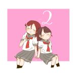  2girls aida_rikako animification black_socks blush border closed_eyes closed_mouth commentary countdown grey_sailor_collar grey_skirt hair_ornament hairclip half_updo holding_hands invisible_chair kase_(ks_lys) love_live! love_live!_sunshine!! medium_skirt multiple_girls notice_lines pink_background pleated_skirt real_life red_hair sailor_collar sakurauchi_riko school_uniform serafuku shirt short_sleeves simple_background sitting skirt smile socks summer_uniform tie_clip u_u uranohoshi_school_uniform voice_actor voice_actor_connection white_border white_shirt 