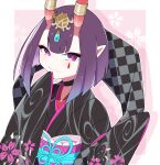  1girl bangs black_kimono bob_cut breasts choker eyeliner fate/grand_order fate_(series) floral_print headpiece highres horn_ornament horn_ring horns japanese_clothes kimono long_sleeves looking_at_viewer lostroom_outfit_(fate) makeup na09tu obi oni oni_horns pointy_ears purple_eyes purple_hair sash short_hair shuten_douji_(fate) skin-covered_horns sleeves_past_fingers sleeves_past_wrists small_breasts smile wide_sleeves 