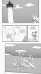 2025 5_panel_comic 9:16 ambiguous_gender armor biped black_text brick_floor cloud comic day dialogue duo ellipsis english_text gastrodon generation_4_pokemon generation_7_pokemon hair hi_res holding_melee_weapon holding_object holding_weapon joy_jolene lying melee_weapon monochrome nintendo on_front outside pheromosa pokemon pokemon_(species) pokemon_mystery_dungeon question_mark rooftop sitting sky speech_bubble spike_chunsoft talking_to_self text tower trainer-mana ultra_beast weapon