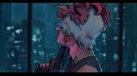  bird black_vest blood blood_on_clothes blood_on_face blood_on_hands chicken city_lights cityscape covered_eyes dark from_side gun gun_to_chin gun_to_head highres holding holding_gun holding_weapon hotline_miami jacket_(hotline_miami) letterboxed light_frown mask neo_jpeg night rooster vest weapon window 