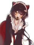  1girl all_fours animal_ears black_collar blush breasts bright_pupils brown_hair brown_kimono candy chocolate cleavage collar commentary_request dog_ears feet_out_of_frame flower food food_in_mouth frilled_straps frills hair_flower hair_ornament heart heart-shaped_chocolate heart-shaped_food heterochromia highres inui_toko inui_toko_(1st_costume) japanese_clothes kimono large_breasts long_hair long_skirt long_sleeves looking_at_viewer maid_headdress mouth_hold nijisanji open_clothes open_kimono red_eyes red_kimono red_skirt shigure_(sigre) simple_background skirt slit_pupils solo strap_slip striped_clothes striped_kimono vertical-striped_clothes vertical-striped_kimono very_long_hair virtual_youtuber white_background white_headdress white_kimono white_pupils yellow_eyes 
