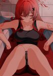  1girl arm_rest asteria_(musician) bare_shoulders bath bath_of_blood bathtub black_shorts black_tank_top blood blood_on_arm blood_on_chest blood_on_face blood_on_hands blood_splatter body_writing breasts closed_eyes closed_mouth collarbone colored_eyelashes commentary crop_top crossed_bangs double-parted_bangs english_commentary facing_viewer feet_out_of_frame hair_between_eyes hair_intakes hair_ornament highres in_bathtub indoors knees_up long_hair lying midriff moontae navel red_hair scar scar_on_face short_shorts shorts solo tank_top x_hair_ornament 