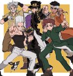  5boys asymmetrical_bangs beard black_hair black_jacket black_pants black_tank_top blue_eyes boston_terrier brown_eyes brown_hair brown_pants brown_shirt chain cherry_earrings dark-skinned_male dark_skin dog earrings facial_hair flattop food-themed_earrings fu_r_y gakuran gloves green_jacket green_pants grey_eyes grey_hair headband iggy_(jojo) jacket jaggy_lines jean_pierre_polnareff jewelry jojo_no_kimyou_na_bouken jojo_pose joseph_joestar joseph_joestar_(old) kakyoin_noriaki kujo_jotaro looking_at_viewer male_focus mohammed_avdol multiple_boys necklace orange_robe outline pants pointing purple_shirt red_hair robe school_uniform shirt short_hair smile stardust_crusaders tank_top terrier_(dog) triangle_print white_background white_gloves white_outline white_pants yellow_background 