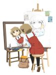  1girl aoki_ume_(style) arm_up black_ribbon black_socks blush brown_bag brown_eyes brown_hair brown_shoes buttons canvas_(object) closed_mouth collared_shirt double-breasted drawing_(action) drawing_(object) easel eraser from_behind full_body hair_ornament hidamari_sketch highres hiro_(hidamari_sketch) holding holding_paint_palette holding_pencil jar kneehighs labuyoi leaning_to_the_side long_sleeves looking_at_mirror looking_at_self mirror miyako_(hidamari_sketch) nazuna_(hidamari_sketch) neck_ribbon nori_(hidamari_sketch) notebook on_stool open_mouth paint_palette paintbrush paper pencil pencil_case raised_eyebrows red_skirt red_vest reflection ribbon sae_(hidamari_sketch) school_uniform shirt shoes short_hair simple_background sitting sketchbook skirt smile socks solo stool tape triple_self-portrait_(norman_rockwell) vest white_background white_shirt x_hair_ornament yamabuki_high_school_uniform yuno_(hidamari_sketch) 