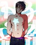  1boy adam&#039;s_apple arms_behind_back black_hair closed_mouth collarbone colorful_background commentary_request cowboy_shot denim earrings groin head_tilt jeans jewelry light_frown linea_alba looking_at_viewer male_focus male_underwear male_underwear_peek multiple_earrings navel nipples pants pink_male_underwear ribs serious short_hair skinny solo solo_focus star_(symbol) straight-on tennis_no_ouji-sama topless_male underwear wispy_bangs yellow_eyes zaizen_hikaru zkakq 
