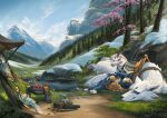 2024 ambiguous_gender ametat42 anthro armor artist_name biped black_nose blue_eyes bow_(disambiguation) brown_nose canid canine charr cherry_blossom claws clothed clothing cloud coin digital_media_(artwork) dipstick_tail dirt embers evergreen_tree fangs felid female feral flower fluffy fluffy_tail footwear forest fox fox_spirit fur glass_bottle gold_(metal) gold_coin grass group guild_wars hair hand_on_knee hand_on_leg hi_res horn inner_ear_fluff mammal markings mountain multi_ear multi_tail on_ground outside pine_tree pivoted_ears plant pond prunus_(flower) quadruped reclining reclining_on_another sitting sky sleeping smile snow tail tail_markings tan_body tan_fur teeth text toe_claws toeless_footwear tree trio tuft white_body white_fur white_hair