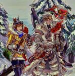  1boy 1girl 1other absurdres animal_on_shoulder belt black_gloves blue_eyes boned_meat book brown_eyes brown_hair canowikakte coat eating felyne folded_ponytail food food_in_mouth fur_trim gloves goggles goggles_on_head handler_(monster_hunter_world) hat highres meat monster_hunter:_world monster_hunter_(character) monster_hunter_(series) monster_hunter_world:_iceborne signature snow tree weapon weapon_on_back white_coat white_hat winter_clothes winter_coat yellow_coat 