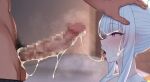  1girl after_fellatio black_pubic_hair blue_archive blush censored clothes_pull commentary cum cum_in_mouth cum_on_body cum_on_hair cum_on_penis cumdrip dark-skinned_male dark_skin english_commentary from_side halo hand_on_another&#039;s_head interracial jjanda mixed-language_commentary mosaic_censoring navel noa_(blue_archive) noa_(pajamas)_(blue_archive) open_mouth penis purple_eyes shorts shorts_pull sweat testicles tongue tongue_out white_hair 