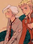 2boys absurdres asymmetrical_bangs belt blonde_hair braid bug clothing_cutout colored_eyelashes curtained_hair earrings giorno_giovanna grey_eyes grey_pants grey_shirt highres jacket jewelry jojo_no_kimyou_na_bouken ladybug ladybug_ornament long_hair looking_at_viewer male_focus medium_hair multiple_boys necktie okokoro_zaiku pannacotta_fugo pants red_belt red_jacket red_necktie red_pants shirt sitting stud_earrings twitter_username vento_aureo victory_rolls watermark white_hair 