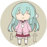  1girl 2others ^_^ aqua_hair arms_at_sides assault_lily bow brown_background brown_cardigan brown_shoes buttons cardigan chibi closed_eyes closed_mouth commentary_request facing_viewer frilled_skirt frills full_body hair_between_eyes hair_bow half_updo kanba_girls_high_school_uniform long_hair long_sleeves lowres masaki_itsuki miniskirt multiple_others necktie partially_unbuttoned red_sailor_collar red_skirt round_image sailor_collar school_uniform shoes short_necktie simple_background skirt sleeves_past_wrists smile standing stick_figure thighhighs toki_kureha transparent_background white_bow white_necktie white_thighhighs 