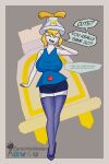 2:3 battle_plug big_breasts blonde_hair blue_bottomwear blue_clothing blue_footwear blue_legwear blue_mouth blue_shirt blue_shoes blue_shorts blue_tongue blue_topwear bottomwear breasts clothing concordian connie_(mario) dialogue eyes_closed female flats_(shoes) footwear gem grey_background hair hat headgear headwear hi_res humanoid jewelry legwear mario_and_luigi:_brothership mario_and_luigi_(series) mario_bros messy_hair nintendo open_mouth red_jewelry ruby_(gem) shirt shoes short_hair shorts simple_background smile solo speech_bubble thick_thighs thigh_highs tongue topwear whispering white_body white_skin zaraunitymasters