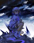  1girl absurdres animal_ears arknights beanie blue_pupils boots brown_hair bucket_hat cloud cloudy_sky commentary contrail_(arknights) ears_through_headwear gradient_hair gradient_sky hat highres jixing looking_at_viewer multicolored_hair night night_sky originium_(arknights) outdoors purple_hair rectangular_eyewear red-framed_eyewear semi-rimless_eyewear sitting sky solo squirrel_ears squirrel_girl squirrel_tail symbol-only_commentary tail thigh_strap white_hat 