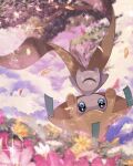  blue_eyes closed_mouth cloud commentary_request gen_3_pokemon highres jirachi looking_at_viewer mythical_pokemon no_humans petals pokemon pokemon_(creature) sky sparkle water_drop winegrapeivy 