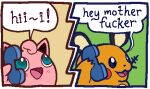 2024 3_fingers 4chan_anon aliasing ambiguous_gender anthro bald black_ears black_eyes black_inner_ear blush blush_lines border cheek_spots dedenne dialogue digital_media_(artwork) duo electronics english_text exclamation_point featureless_hands fingers flat_colors fur generation_1_pokemon generation_6_pokemon glistening glistening_eyes greeting head_tuft holding_object holding_phone jigglypuff low_res mammal nintendo noseless open_mouth open_smile orange_body orange_fur parody phone phone_call pink_body pink_ears pink_mouth pink_tongue pokemon pokemon_(species) profanity pupils redraw rodent round_ears simple_background smile speech_bubble talking_to_another tan_inner_ear teal_eyes text tongue tuft two_panel_image unknown_artist waddling_head whiskers white_border white_sclera