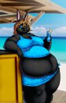 2025 absurd_res anthro beach belly beverage big_belly big_breasts black_body black_fur blake_dinewel blonde_hair blue_eyes bottomwear breasts buckteeth clothing digital_media_(artwork) drinking_straw female fruit_slice fur hair hi_res if_hell_had_a_taste lagomorph leporid mammal obese obese_anthro obese_female overweight overweight_anthro overweight_female rabbit sand seaside solo teeth topwear viroveteruscy water