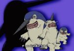  body_fur digimon digimon_(creature) digimon_tamers drill drimogemon full_body highres horns lyrics mas_square multiple_views no_humans purple_background purple_fur saliva sharp_teeth simple_background single_horn teeth translation_request 