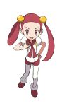  1girl :d eyelashes full_body hair_bobbles hair_ornament hand_on_hip hand_up highres long_hair mira_(pokemon) open_mouth pantyhose pokemon pokemon_(game) pokemon_dppt red_eyes red_hair red_shorts shirt shoes short_sleeves shorts smile solo standing tongue twintails white_legwear white_shirt yoshi_(moco1) 