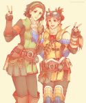  2girls artist_name ascot black_gloves black_hair brown_eyes brown_hair canowikakte fingerless_gloves folded_ponytail gloves green_hairband hairband handler_(monster_hunter_world) highres monster_hunter:_world monster_hunter_(series) multiple_girls popped_collar serious_handler simple_background smile v 