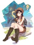  1girl barrel black_hair boots breasts brown_eyes chibi cleavage cloud_strife cowboy_boots cowboy_hat crop_top earrings final_fantasy final_fantasy_vii gloves hat highres jewelry miniskirt ohse open_mouth sitting skirt sleeveless solo thought_bubble tifa_lockhart vest water_tower 