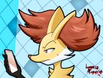 2025 5_fingers absurd_res alphonse_(redkirb) anthro bodily_fluids canid canine cellphone delphox digital_media_(artwork) ear_tuft electronics fan_character fingers fox fur generation_6_pokemon hi_res holding_cellphone holding_object holding_phone holding_smartphone looking_at_cellphone looking_at_object looking_at_phone lunaris_parukia mammal nintendo orange_nose phone pokemon pokemon_(species) red_eyes smartphone solo sweat sweatdrop tuft white_body white_fur yellow_body yellow_fur