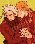  2boys absurdres black_shirt blonde_hair blush braid coat colored_eyelashes drawn_heart earrings food-themed_earrings giorno_giovanna highres holding_hands jewelry jojo_no_kimyou_na_bouken looking_at_another male_focus multiple_boys okokoro_zaiku pannacotta_fugo red_eyes ring scarf shirt smile smiley_face strawberry_earrings turtleneck turtleneck_shirt twitter_username vento_aureo victory_rolls watermark white_hair yaoi yellow_background yellow_eyes 