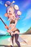  1girl artist_name beach black_shorts black_thighhighs blue_hair blue_sky blush cloud commentary_request crop_top fishing_rod hair_over_one_eye highres holding holding_fishing_rod horizon long_hair merute_spla navel octoling official_alternate_costume open_mouth outdoors red_eyes shiver_(splatoon) shiver_(splatoon_raiders) short_eyebrows shorts sky solo splatoon_(series) splatoon_raiders standing sweat tentacle_hair thick_eyebrows thighhighs topknot 