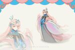  1girl bird bird_hair_ornament blue_collar blue_hanfu brown_eyes character_name chinese_clothes chinese_commentary closed_mouth collar commentary_request crane_(animal) curtains eyelashes eyeshadow full_body grey_background hair_ornament hand_on_own_chest hanfu happy highres huazhiyongzhe long_hair long_sleeves looking_at_viewer makeup nail_polish nikki_(nikki) nikki_(series) pink_eyeshadow pink_hair pink_nails pink_shawl pinyin_text robe second-party_source shadow shawl smile standing very_long_hair white_robe wide_sleeves yunjian zoom_layer 