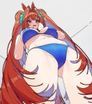  1girl acaa animal_ears bikini blue_bikini breasts commentary daiwa_scarlet_(umamusume) highres horse_ears horse_tail large_breasts long_hair red_eyes red_hair solo swimsuit tail twintails umamusume very_long_hair 