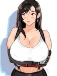  1girl black_hair blush breasts covered_nipples crop_top crossed_arms dated earrings elbow_pads final_fantasy final_fantasy_vii fingerless_gloves gloves iroquoisdomi jewelry large_breasts lips looking_to_the_side mole mole_on_breast nose red_eyes signature simple_background single_arm_guard single_elbow_pad skirt solo suspender_skirt suspenders tank_top teardrop_earrings tifa_lockhart white_background white_tank_top 