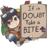  1girl black_gloves book brown_hair fingerless_gloves folded_ponytail gloves goggles goggles_on_head handler_(monster_hunter_world) holding holding_book looking_at_viewer monster_hunter:_world monster_hunter_(series) mushroom popped_collar smile tflame 