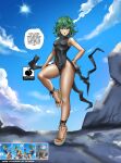  1girl armpits bare_shoulders black_dress breasts curly_hair dress earrings flipped_hair floating_rock green_eyes high_heels highres hoop_earrings jewelry linkartoon no_panties one-punch_man pelvic_curtain sleeveless sleeveless_dress small_breasts tatsumaki thick_thighs thighs 