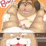  1:1 2005 anthro blush bodily_fluids brown_body brown_fur canid canine canis cum domestic_dog duo ejaculation eyewear fur genital_fluids genitals glasses japanese_text kemono low_res male male/male mammal norataro overweight overweight_male penis tears text 