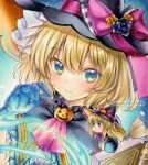  1girl alice_margatroid alternate_costume black_capelet black_flower black_hat black_rose blue_fire blue_gloves blush book bow broom broom_riding capelet closed_mouth commentary doll fire flower gloves halloween_costume hat hat_bow hat_flower jack-o&#039;-lantern looking_at_viewer nekofish666 open_book orange_flower orange_rose pink_bow rose shanghai_doll smile solo touhou traditional_media twitter_username witch_hat 