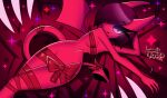 2025 absurd_res bdsm bedroom_eyes black_lipstick bondage bound bow_ribbon breasts breasts_tied cigarette demon digital_media_(artwork) emily_(lunaris_parukia) fan_character female glowing glowing_eyes hair hair_over_eye helluva_boss hi_res humanoid lipstick looking_at_viewer lunaris_parukia lying makeup membrane_(anatomy) membranous_wings narrowed_eyes purple_sclera red_body red_eyes ribbon_bondage ribbons seductive solo spade_tail succubus suggestive tail trans_(lore) trans_woman_(lore) wings