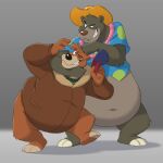  1:1 anthro baloo brown_body brown_fur clothing disney ducktales ducktales_(2017) duo fur grey_body grey_fur hat headgear headwear hi_res jacket kit_cloudkicker male mammal noogie overweight pokelai talespin topwear ursid 