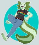 absurd_res amphibian anthro axolotl black_clothing black_shirt black_t-shirt black_topwear blue_bottomwear blue_clothing blue_pants bottomwear clothed clothing elemental_creature female flora_fauna front_view green_body hi_res imperatorcaesar looking_at_viewer marine mole_salamander open_mouth open_smile pants pink_tongue plant salamander shirt simple_background smile solo t-shirt tongue topwear